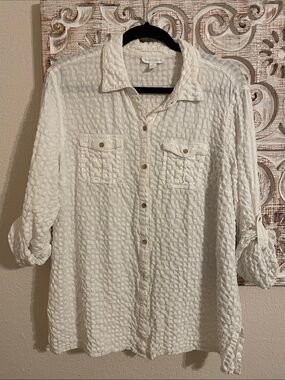 Charter Club White Textured Button-Up Top